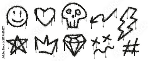 Black spray paint graffiti icons set. Urban aerosol stencil symbols, dripping paint smiley face, heart, skull, lightning, star, crown, and diamond elements. Street art doodle vector illustration set. 