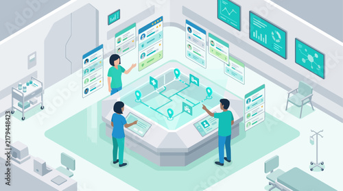 Isometric Medical Staff Analyzing Smart Hospital Data and Indoor Navigation on Futuristic Interface