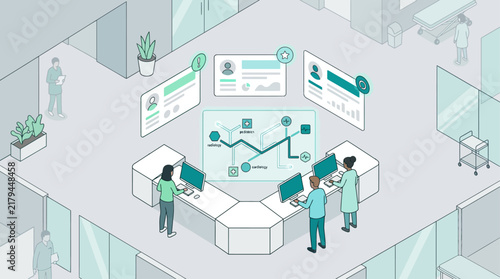 Isometric medical clinic reception with doctors using computers and digital interface