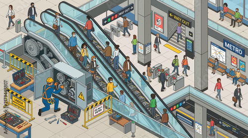 Isometric Vector Metro Subway Station with Technician Repairing Escalator Mechanism and Commuters Wearing Face Masks