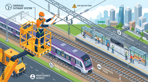 Isometric Railway Maintenance Worker Repairing Overhead Catenary System Near Commuter Train Station