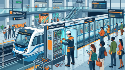 Isometric Vector Metro Subway Station Maintenance Technician Repairing Train Platform Door Control System