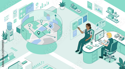 Isometric Logistics Control Center and Dispatch Office with Operators Monitoring Navigation Map and Dashboard