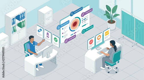Isometric Medical Data Interface with Doctors Analyzing Patient Health Charts and Clinical Records in Modern Clinic Office