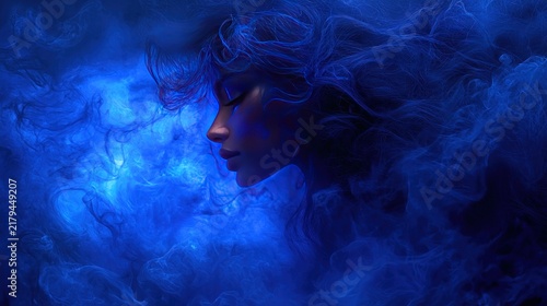 Dreamy profile in blue ethereal swirls