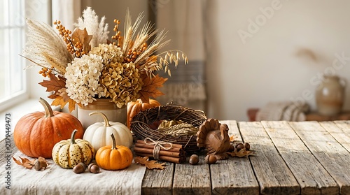 Autumn harvest centerpiece with pumpkins and dried flowers