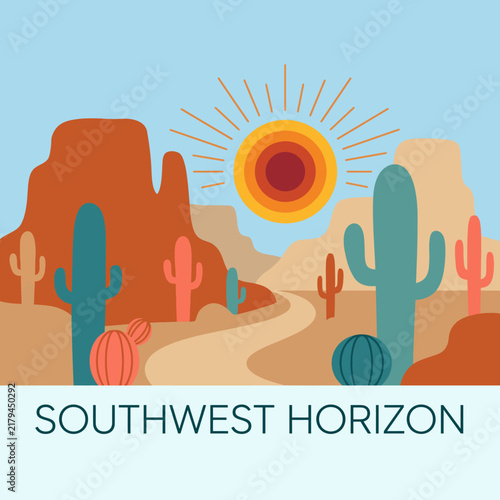 This charming illustration showcases a stylized desert landscape, featuring cacti and vibrant colors, evoking tranquility and the warmth of the Southwest horizon.