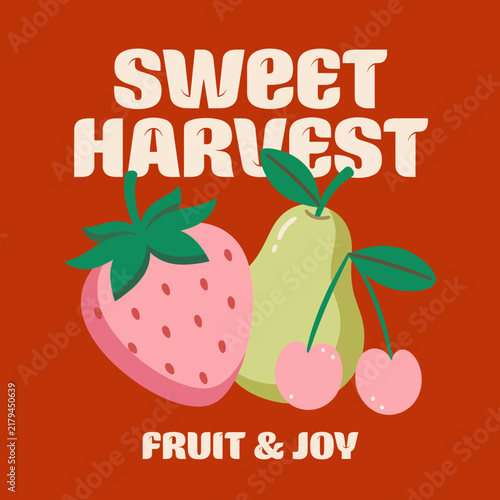An eye-catching graphic featuring a variety of fruits that conveys a sense of joy and celebration, perfect for food themed parties or promotional materials.