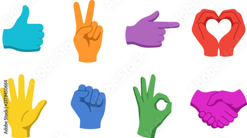 This image showcases a vibrant array of hand gestures, including thumbs up, peace sign, heart shape, and more, symbolizing communication and connection.