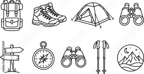 Adventure Tourism Line Art Vector Icon Set