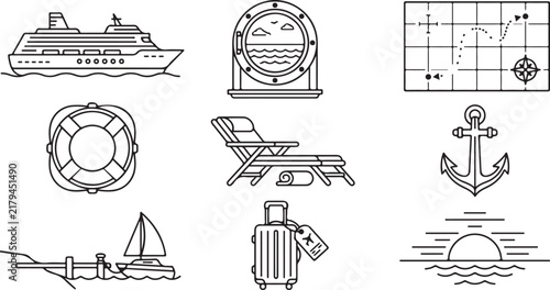 Cruise Ocean Travel Line Art Vector Icon Set