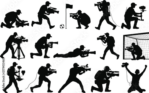 Принти на полотні Black silhouettes of sports cameramen in various action poses, recording with br