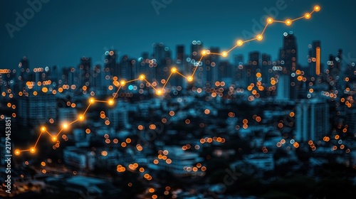 Glowing chart over a blurred cityscape at night