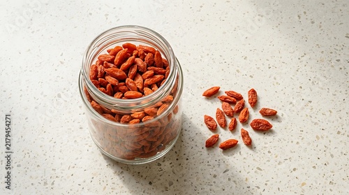 A goji berries top view of dried red berries in a glass jar on a white countertop with scattered pieces