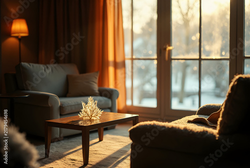 Warm and cozy living room during a snowy winter evening, with a soft golden glow from the window