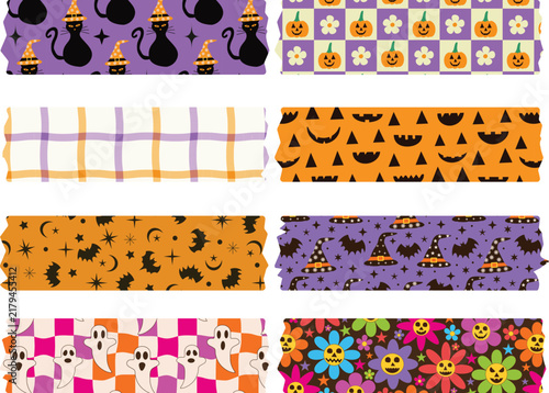 Halloween Washi Tape collection set featuring ghosts, pumpkins, bats, plaid, cats, witch hats and Halloween flowers. For Halloween decorative ribbons, candy wrap, borders and labels