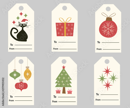 Retro Christmas Labels Set Collection featuring mid century starbursts, retro gifts, atomic cat, ornament and Christmas tree. template For gift tags, stickers, holiday presents
