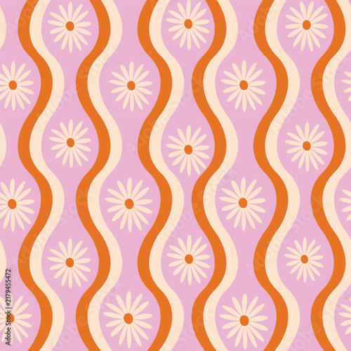 Retro Daisies with groovy waves seamless pattern on pink background. Floral repeating pattern For retro backgrounds, banners, poster and home décor