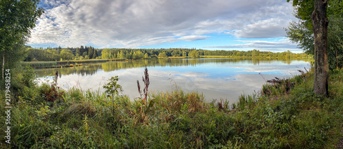 Panoramic View of Peaceful Lake and Surrounding Nature
