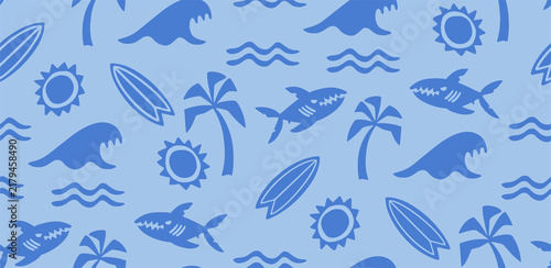 Fun surf pattern with sharks palm trees and waves under a sunny sky