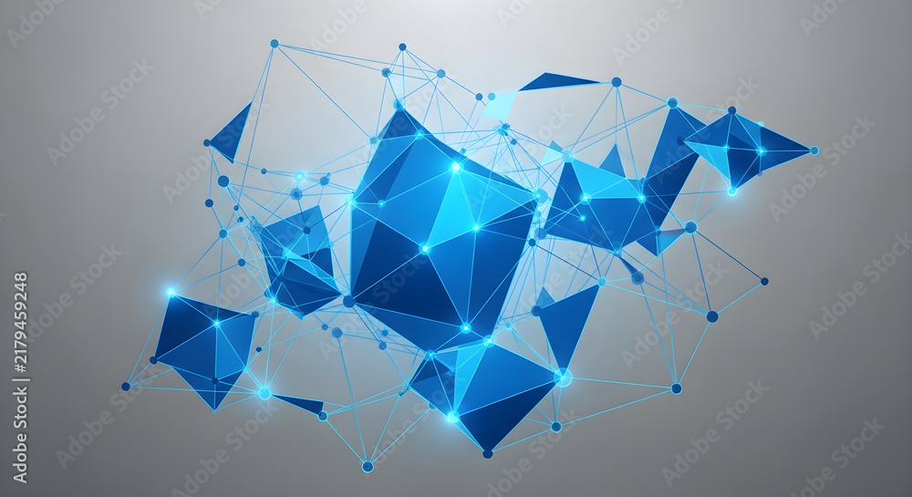 Obraz premium Abstract Blue Geometric Polygonal Network Structure Featuring Glowing Nodes and Interconnected Triangle Shapes for Digital Technology Background