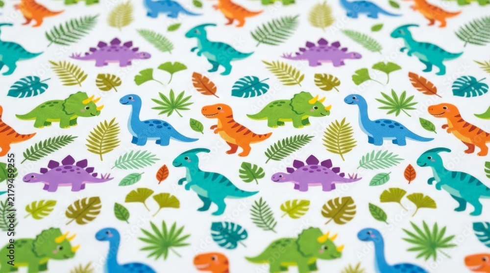 Obraz premium A close up photo of a colorful pattern fabric featuring various cute dinosaur illustrations among tropical leaves and foliage for children textile design, underscoring the cartoon