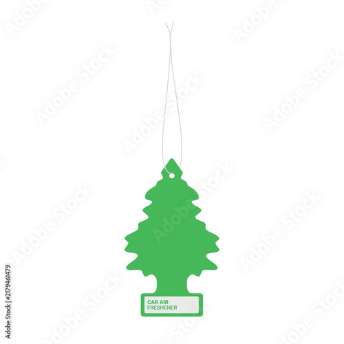 Illustration of a hanging car air freshener in the shape of a green tree, used in cars to add fragrance.