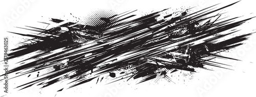 Dynamic black ink brush stroke with sharp lines and halftone texture, abstract grunge on a white background