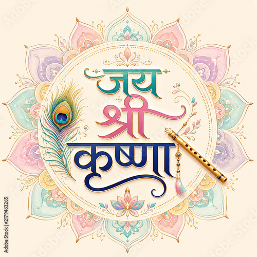 Radha Krishna Calligraphy with Peacock Feather and Flute – Elegant Hindu Spiritual Devotional Artwork