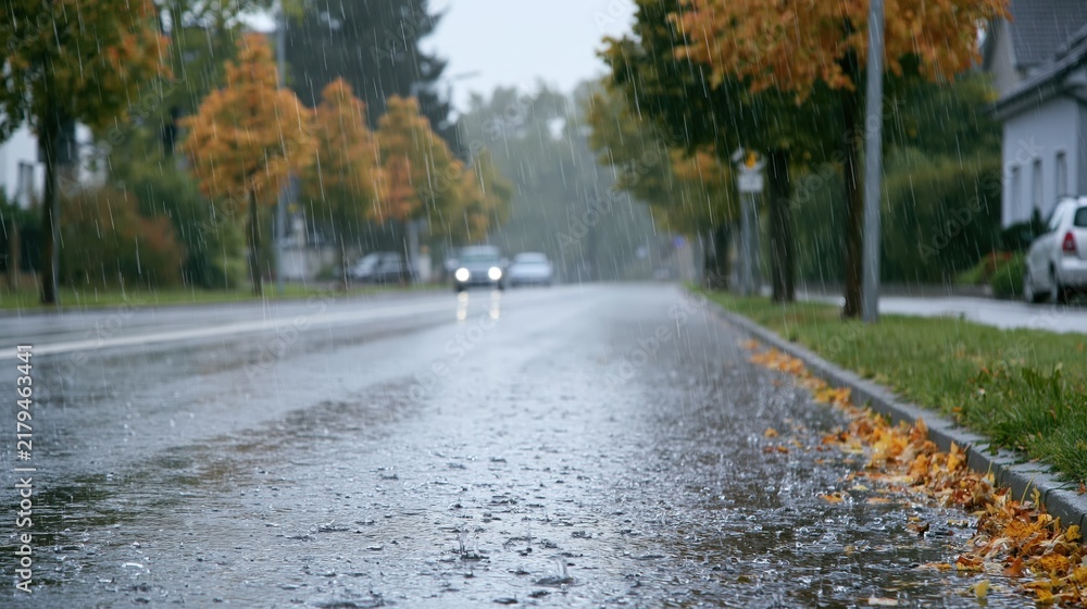 Obraz premium Heavy rain falling on a wet street with autumn leaves on the curb