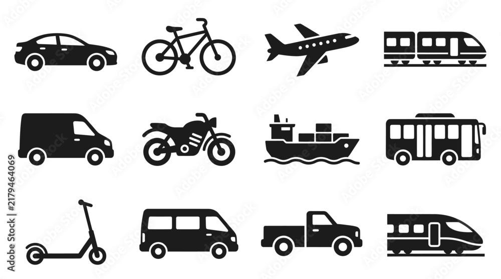 Fototapeta premium Corporate Black and White Icons Set of Various Transportation Vehicles for Business Presentations and Websites