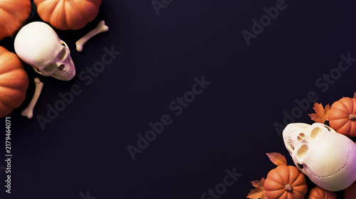 Spooky Halloween Flat Lay Background With Pumpkins And Skulls