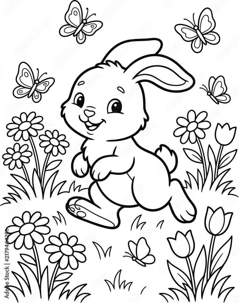 Fototapeta premium Cute cartoon bunny rabbit playing in a flower meadow
