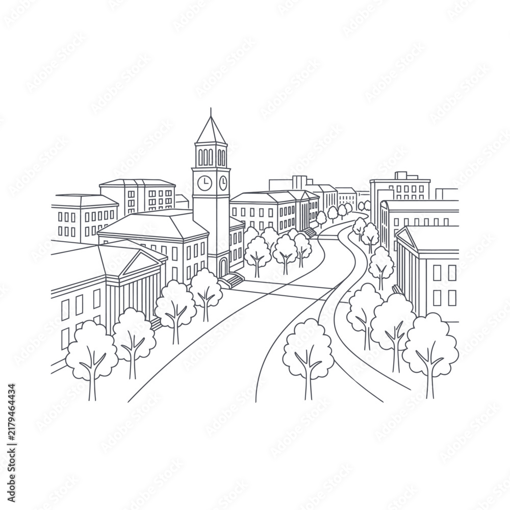 Naklejka premium Dynamic Black and White Line Drawing of University Campus with Clock Tower Trees and Pathways with high quality professional line art symbols for modern creative design and digital branding projects