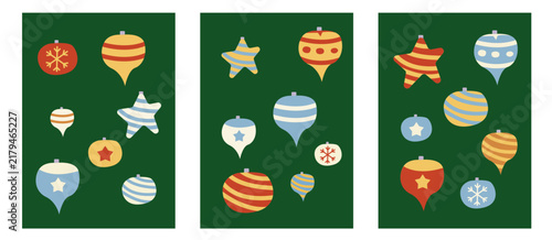 Retro Christmas Postcard Set with Colorful Ornaments on Green Background, Vintage Holiday Cards