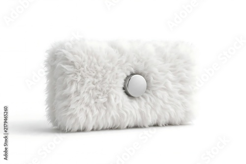 Fluffy White Rectangular Object with Silver Button on White Background.