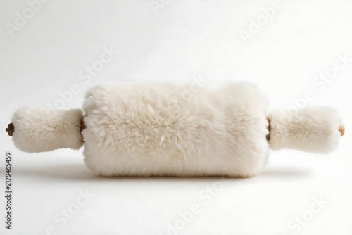 Fluffy white rolling pin with handles isolated on a white background.
