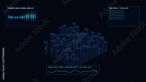 Futuristic 3D Isometric Digital Cityscape and Data Visualization Interface in Neon Blue