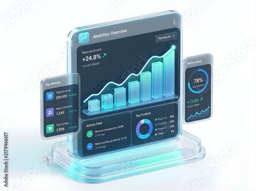 3D Business Analytics Dashboard with Glass UI Showing Financial Growth Charts and Data Visualization on White Background