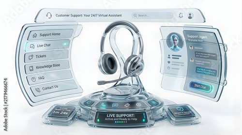 Futuristic digital customer support interface with virtual assistant headset and holographic glass dashboard for online help.