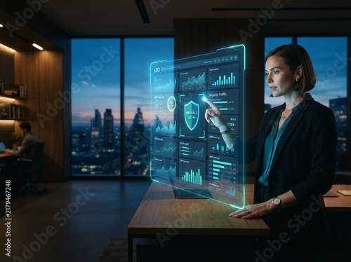Woman interacting with a holographic analytics panel at a dusk window in daylight