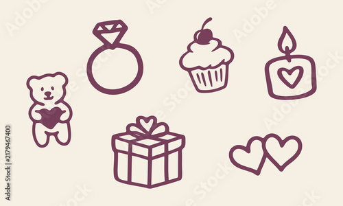 Romantic Celebration Symbols And Items Hand Drawn Doodle Icon Set. Love And Gift Giving Sketch Symbol Collection. Valentine And Affection Theme. Isolated Vector Illustration