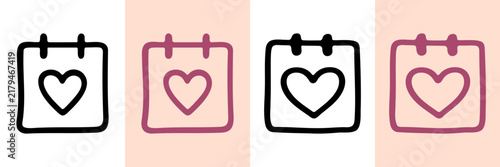 Calendar With Heart Hand Drawn Doodle Icon Set. Date And Love Event Sketch Symbol Collection. Romantic Occasions And Special Reminders. Isolated Vector Illustration