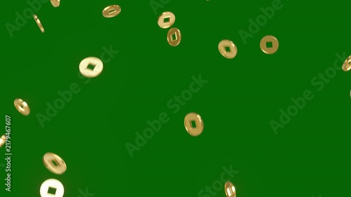 Chinese gold coin falling on green screen background