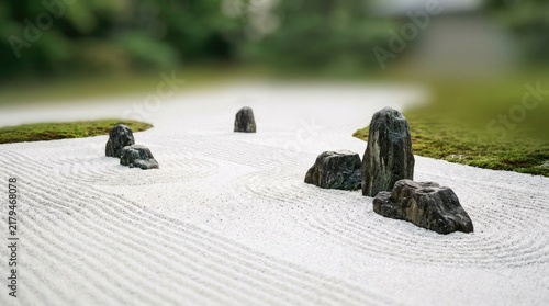 A serene zen garden features a meticulously raked white sand bed surrounded by moss-covered rocks.