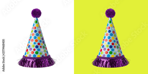 Cuadro en lienzo Colorful polka dot party hat with purple fringe
