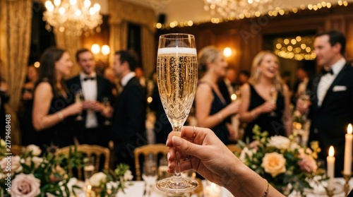 A hand holds a champagne flute, filled with sparkling champagne, in a grand ballroom. Several elegantly dressed guests are mingling and conversing in the background.