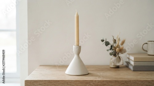 A single, unlit candle rests in a ceramic holder on a wooden table. The holder has a unique, slightly tapered shape.