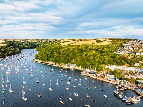 Polruan over River Fowey from a drone, Cornwall, England