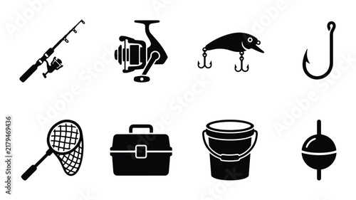 Fishing Gear Icons Set: Rod, Reel, Lure, Hook, Net, Tackle Box, Bucket, Bobber